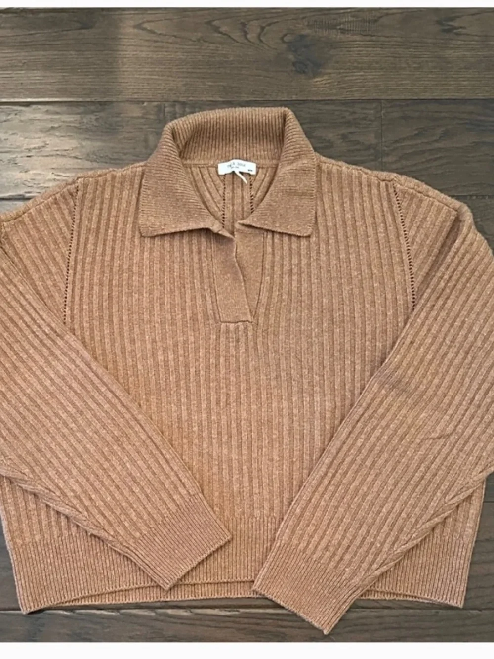 Rag & Bone Maxine Ribbed Polo Sweater Camel Merino Wool Blend M